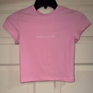 Voight By Valentina Women Cum First Pink Baby Tee Crop Top Shirt NWT